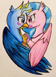 Size: 600x822 | Tagged: safe, artist:zevachnostudio, gallus, silverstream, griffon, hippogriff, g4, blushing, cute, diastreamies, female, gallabetes, holding hands, looking at each other, male, obtrusive watermark, ship:gallstream, shipping, simple background, straight, traditional art, watermark, white background