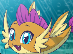 Size: 1026x764 | Tagged: safe, artist:uotapo, edit, smolder, fish, puffer fish, g4, bubble, crepuscular rays, cropped, cute, dragon to pufferfish, female, fin, fins, fish tail, gills, happy, ocean, open mouth, open smile, smiling, smolderbetes, smolderpuffs, solo, species swap, sunlight, swimming, tail, underwater, water