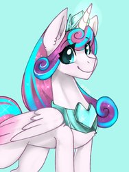 Size: 1536x2048 | Tagged: safe, artist:siripim111, princess flurry heart, alicorn, pony, blue background, crown, cute, ear fluff, female, flurrybetes, jewelry, looking at you, mare, older, older flurry heart, peytral, regalia, simple background, smiling, solo