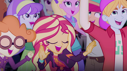 Size: 1920x1080 | Tagged: safe, screencap, aqua blossom, fry lilac, golden hazel, hunter hedge, sandy cerise, scribble dee, sunset shimmer, velvet sky, equestria girls, equestria girls specials, g4, my little pony equestria girls: better together, my little pony equestria girls: sunset's backstage pass, clothes, crowd, cute, dancing, female, geode of empathy, glasses, happy, jacket, magical geodes, male, shimmerbetes, smiling