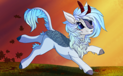 Size: 1900x1173 | Tagged: safe, artist:rxsiex3, oc, oc only, oc:frost flare, kirin, pony, autumn, cloven hooves, commission, hoof fluff, kirin oc, leaping, leaves, photo, solo