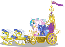 Size: 1000x730 | Tagged: safe, artist:kopachris, princess celestia, princess luna, alicorn, pegasus, pony, friendship is magic, g4, armor, chariot, crown, female, flag, helmet, hoof shoes, jewelry, male, mare, regalia, royal guard, royal guard armor, royal sisters, s1 luna, siblings, simple background, sisters, smiling, spread wings, stallion, transparent background, vector, wings