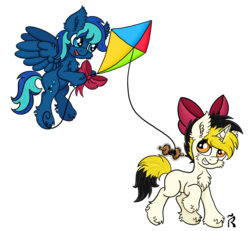 Size: 1925x1778 | Tagged: safe, artist:dawn-designs-art, oc, oc:hoofy, oc:rain flicker, pegasus, pony, unicorn, bow, kite, kite flying, magic