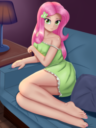 Size: 1500x2000 | Tagged: safe, artist:focusb, fluttershy, human, adorasexy, bare shoulders, barefoot, clothes, couch, cute, dress, feet, female, humanized, lamp, legs, looking at you, nail polish, off shoulder, sexy, shyabetes, smiling, solo, table