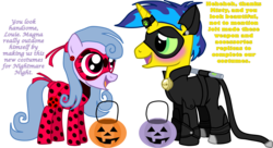 Size: 2997x1635 | Tagged: safe, artist:shadymeadow, oc, oc only, oc:louie poisonsea, oc:misty prettyshell, earth pony, pony, unicorn, chat noir, clothes, costume, female, male, mare, miraculous ladybug, nightmare night costume, simple background, stallion, transparent background