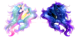 Size: 5000x2500 | Tagged: safe, artist:cynicalsonata, princess celestia, princess luna, pony, absurd resolution, bust, crown, duo, ear fluff, female, jewelry, mare, peytral, portrait, regalia, royal sisters, siblings, simple background, sisters, transparent background