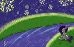 Size: 2828x1819 | Tagged: safe, artist:geoxten, oc, oc only, pegasus, pony, fireworks, flower, grass, male, night, no eyes, outdoors, river, shooting star, sitting, sky, solo
