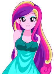 Size: 832x1128 | Tagged: dead source, safe, artist:rosemile mulberry, dean cadance, princess cadance, equestria girls, g4, adorasexy, breasts, cleavage, clothes, cute, cutedance, dress, female, hands behind back, looking at you, sexy, simple background, smiling, solo