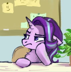 Size: 496x499 | Tagged: safe, artist:ami-gami, phyllis, starlight glimmer, pony, unicorn, a horse shoe-in, g4, annoyed, bored, chest fluff, desk, female, mare, sitting, solo, starlight's office, unamused