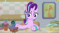 Size: 1920x1080 | Tagged: safe, screencap, starlight glimmer, pony, unicorn, g4, student counsel, bowl, bracelet, chocolate, desk, female, food, guidance counselor, hot chocolate, jewelry, mare, mug, sitting, solo, starlight's office, tea