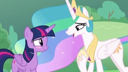 Size: 1920x1080 | Tagged: safe, screencap, princess celestia, twilight sparkle, alicorn, pony, g4, the ending of the end, blush sticker, blushing, twilight sparkle (alicorn)