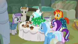 Size: 1920x1080 | Tagged: safe, screencap, maud pie, mudbriar, starlight glimmer, sunburst, trixie, earth pony, pony, unicorn, g4, student counsel, butt, cake, cupcake, equinox cake, female, food, male, mare, plot, punch (drink), punch bowl, stallion