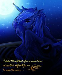Size: 1066x1280 | Tagged: safe, artist:eltaile, princess luna, alicorn, pony, g4, balcony, cute, female, floppy ears, moonbutt, night, solo, talking to viewer, text