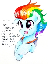 Size: 2322x3096 | Tagged: safe, alternate version, artist:liaaqila, rainbow dash, pegasus, pony, g4, the last problem, clothes, dialogue, female, floppy ears, fluffy, high res, jacket, mare, open mouth, simple background, solo, traditional art, white background