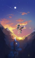 Size: 1078x1784 | Tagged: safe, artist:anticular, princess celestia, princess luna, alicorn, pony, g4, duo, female, flying, forest, glowing horn, horn, magic, mare, moon, mountain, scenery, siblings, sisters, sun