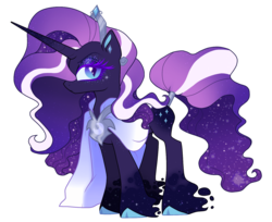 Size: 1491x1218 | Tagged: safe, artist:unoriginai, nightmare rarity, tantabus, pony, unicorn, g4, background removed, cloak, clothes, cloven hooves, colored ears, ethereal mane, female, fusion, jewelry, mare, regalia, simple background, solo, sparkly mane, starry mane, transparent background, unshorn fetlocks