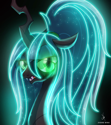 Size: 2532x2847 | Tagged: safe, alternate version, artist:zidanemina, queen chrysalis, changeling, changeling queen, g4, alternate hairstyle, black background, female, glasses, high res, looking at you, neon, neon colors, simple background, solo, sparkly mane