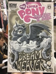 Size: 1536x2048 | Tagged: safe, artist:andypriceart, idw, princess luna, tiberius, alicorn, opossum, pony, g4, spoiler:comic, spoiler:comic35, cloud, female, looking at you, mare, marker drawing, onomatopoeia, sleeping, solo, sound effects, traditional art, zzz