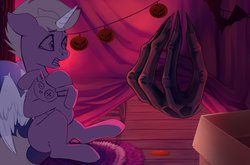 Size: 3625x2390 | Tagged: safe, artist:taneysha, rabbit, animal, commission, crying, halloween, hand, hide and seek, high res, holiday, monster, pillow, pumpkin, scared, your character here