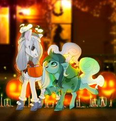 Size: 1144x1191 | Tagged: safe, artist:shady-bush, oc, oc only, oc:eucalyptus, oc:misbeliever, original species, pony, scented pony, candle, closed species, female, halloween, holiday, male, mare, stallion, trick or treat
