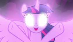 Size: 1200x700 | Tagged: safe, screencap, twilight sparkle, alicorn, pony, g4, the ending of the end, glowing eyes, happy, magic, spread hooves, twilight sparkle (alicorn)
