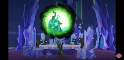 Size: 2220x1080 | Tagged: safe, screencap, queen chrysalis, changeling, changeling queen, g4, season 6, to where and back again, banner, crayon, crayon drawing, crystal, cutie map, evil grin, female, grin, letterboxing, male, projector, slasher smile, smiling, throne, throne room, traditional art