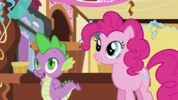 Size: 1244x700 | Tagged: safe, edit, edited screencap, screencap, cloud kicker, pinkie pie, spike, dragon, earth pony, pegasus, pony, g4, griffon the brush off, animated, background pony, blindfold, cropped, cute, dragons riding ponies, female, gif, hoofy-kicks, horses doing horse things, laughing, male, mare, out of context, puffy cheeks, rearing, riding, scrunchy face, smiling, spike riding cloud kicker, sugarcube corner