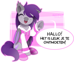 Size: 1516x1254 | Tagged: safe, artist:sickly-sour, oc, oc only, oc:lilac lily, bat pony, pony, bat pony oc, clothes, dialogue, dutch, eyes closed, freckles, happy, hoodie, simple background, sitting, smiling, socks, solo, speech, speech bubble, striped socks, transparent background
