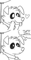 Size: 441x856 | Tagged: safe, artist:askwinonadog, winona, dog, ask winona, g4, balloon, black and white, comic, description is relevant, fear of flying, female, floating, floating heart, grayscale, heart, monochrome, simple background, solo, tongue out, white background