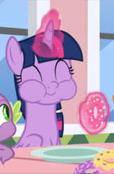 Size: 614x939 | Tagged: safe, screencap, spike, twilight sparkle, alicorn, pony, g4, the ending of the end, chewing, chipmunk cheeks, cropped, cute, donut, eating, female, food, glowing horn, happy, horn, levitation, magic, male, offscreen character, puffy cheeks, solo focus, telekinesis, twiabetes, twilight sparkle (alicorn)