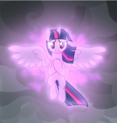 Size: 704x743 | Tagged: safe, screencap, twilight sparkle, alicorn, pony, g4, the ending of the end, cropped, female, floating, happy, hooves to the chest, magic, magic aura, mare, smiling, solo, spread wings, twilight sparkle (alicorn), windswept mane, wings