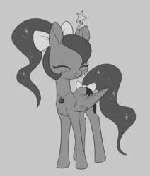 Size: 1259x1488 | Tagged: safe, artist:dusthiel, princess luna, alicorn, pony, g4, alternate hairstyle, bow, chest fluff, cute, eyes closed, female, grayscale, hair bow, inktober, lunabetes, mare, monochrome, ponytail, solo, tail bow, tongue out