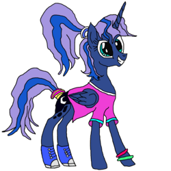 Size: 3000x3000 | Tagged: safe, artist:icicle-niceicle-1517, artist:killspamers, color edit, edit, princess luna, alicorn, pony, g4, 80s, 80s princess luna, alternate hairstyle, boots, clothes, colored, converse, female, grin, high res, mare, ponytail, shirt, shoes, simple background, smiling, solo, t-shirt, tail wrap, transparent background, wristband