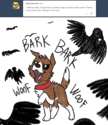 Size: 800x928 | Tagged: safe, artist:askwinonadog, winona, bird, crow, dog, ask winona, g4, ask, barking, fangs, female, glare, murder of crows, open mouth, simple background, smiling, smirk, tumblr, white background, woof