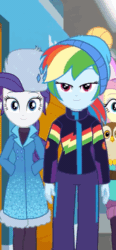 Size: 308x663 | Tagged: safe, screencap, fluttershy, rainbow dash, rarity, sunset shimmer, equestria girls, equestria girls series, g4, holidays unwrapped, spoiler:eqg series (season 2), animated, clothes, cropped, female, gif, walking, winter outfit