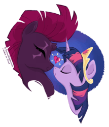 Size: 1034x1200 | Tagged: safe, artist:virtualkidavenue, tempest shadow, twilight sparkle, alicorn, pony, unicorn, g4, animated, broken horn, bust, eyes closed, female, horn, jewelry, lesbian, mare, scar, ship:tempestlight, shipping, simple background, size difference, smiling, tiara, transparent background