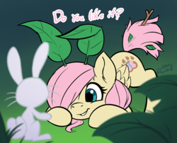 Size: 1215x981 | Tagged: safe, artist:soulcentinel, angel bunny, fluttershy, pegasus, pony, rabbit, fanfic:twin fates, g4, alternate hairstyle, alternate universe, animal, cute, cutie mark, female, filly, filly fluttershy, foal, leaves, male, short hair, shyabetes, younger
