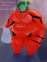 Size: 2634x3500 | Tagged: safe, artist:lupin quill, oc, oc:abilene, earth pony, anthro, unguligrade anthro, bbw, belly, belly button, big breasts, bingo wings, breasts, busty oc, chubby cheeks, clothes, costume, fat, fat fetish, fetish, halloween, halloween costume, high res, holiday, morbidly obese, neon genesis evangelion, nightmare night, nightmare night costume, obese, open mouth, plugsuit, rolls of fat, souryuu asuka langley, ssbbw, thighs, thunder thighs