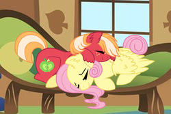 Size: 1151x771 | Tagged: safe, artist:rainbowfantasia, big macintosh, fluttershy, earth pony, pegasus, pony, g4, alternate hairstyle, couch, ear fluff, eyes closed, female, fluttershy's cottage, freckles, male, mare, missing accessory, pony pile, ship:fluttermac, shipping, sleeping, stallion, straight, tail bun