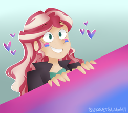 Size: 1280x1128 | Tagged: safe, artist:sunsetslight, sunset shimmer, equestria girls, g4, bisexual pride flag, face paint, female, freckles, heart, peppered bacon, pride, smiling, solo, sunset shimmer is bisexual