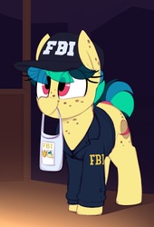 Size: 961x1411 | Tagged: safe, artist:shinodage, oc, oc only, oc:apogee, pegasus, pony, bag, body freckles, cap, clothes, costume, cute, diageetes, ear freckles, eye clipping through hair, fbi, female, filly, freckles, halloween, halloween costume, hat, holiday, jacket, mouth hold, ocbetes, short mane, short tail, solo, teenager, trick or treat