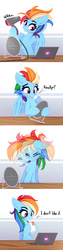 Size: 1243x4922 | Tagged: safe, artist:omi, rainbow dash, pegasus, pony, g4, alternate hairstyle, argument in the comments, cheek fluff, chest fluff, comic, comments locked down, computer, cup, cute, dashabetes, dialogue, drinking, drinking straw, ear fluff, female, hair dryer, high res, laptop computer, mare, mirror, mohawk, onomatopoeia, sipping, solo, spoilers in the comments, table