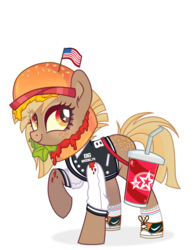 Size: 1280x1647 | Tagged: safe, alternate version, artist:syrikatsyriskater, oc, oc only, oc:patty (ice1517), earth pony, pony, american flag, bag, burger, cheese, clothes, converse, cup, female, flag, food, freckles, hat, heart eyes, jersey, ketchup, lettuce, mare, markings, raised hoof, sauce, shoes, simple background, socks, soda, solo, tomato, transparent background, wingding eyes