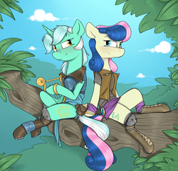 Size: 1162x1120 | Tagged: safe, artist:sinrar, bon bon, lyra heartstrings, sweetie drops, earth pony, pony, unicorn, g4, adorabon, armor, belt, boots, bracelet, clothes, cute, eye contact, fantasy, female, harp, jewelry, lesbian, looking at each other, lyrabetes, lyre, mare, musical instrument, pouch, ship:lyrabon, shipping, shoes, smiling, socks, tree, vest