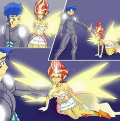 Size: 3000x3034 | Tagged: safe, artist:kamushek228, flash sentry, sunset shimmer, comic:a battle to save a possessed soul, equestria girls, g4, arm cannon, confrontation, crying, dark samus, daydream shimmer, female, hesitant, high res, magic, male, metroid, phazon, sad face, weapon