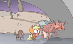 Size: 1280x776 | Tagged: safe, artist:switchy, applejack, winona, brahmin, cow, dog, earth pony, pony, g4, bandana, crossover, fallout, female, mare, multiple heads, tongue out, travelling, two heads, udder