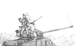 Size: 1600x987 | Tagged: safe, artist:baron engel, applejack, earth pony, anthro, unguligrade anthro, g4, anime, clothes, colored hooves, crossover, female, girls und panzer, grayscale, m4 sherman, monochrome, pencil drawing, saunders, sherman firefly, simple background, sketch, smiling, solo, tank (vehicle), traditional art, white background