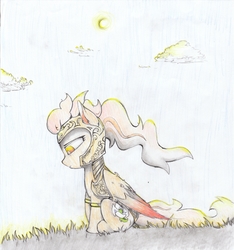 Size: 5100x5454 | Tagged: safe, artist:foxtrot3, oc, oc only, oc:april dawn, pegasus, pony, armor, cloud, fantasy class, grass, sad, scenery, solo, story included, sun, traditional art, warrior