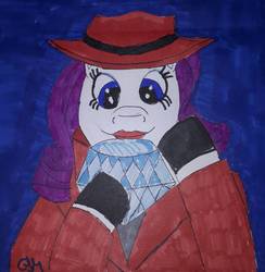 Size: 1179x1209 | Tagged: safe, artist:rapidsnap, rarity, semi-anthro, g4, arm hooves, carmen sandiego, crossover, diamond, female, hat, solo, traditional art