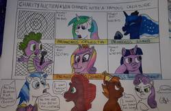 Size: 1712x1111 | Tagged: safe, artist:rapidsnap, button mash, princess cadance, princess celestia, princess luna, shining armor, spike, sweetie belle, tempest shadow, twilight sparkle, alicorn, pony, g4, auction, charity auction, laughing, microphone, shocked, traditional art, twilight sparkle (alicorn), unamused